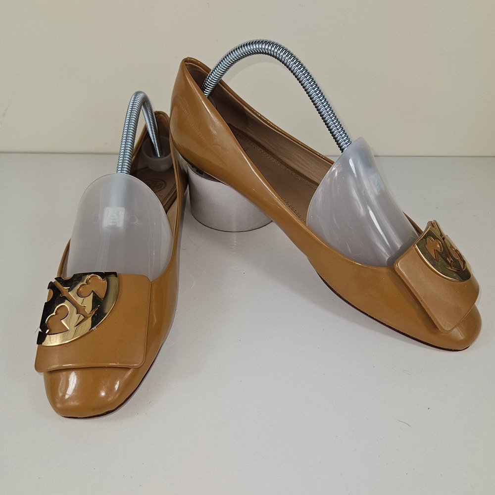 Tory Burch Georgia Women 9 Tan Patent Leather Logo Plaque Square Toe Ballet Flat
